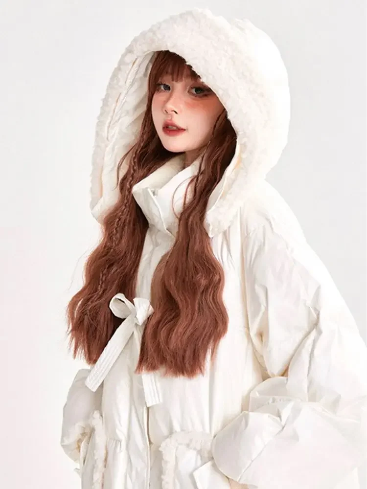 Doudoune blanche à capuche pour femme, vêtements d'hiver, mode coréenne, mi-longue, vêtements d'extérieur, ample, chaud, épais, matelassé, manteau Long pour femme