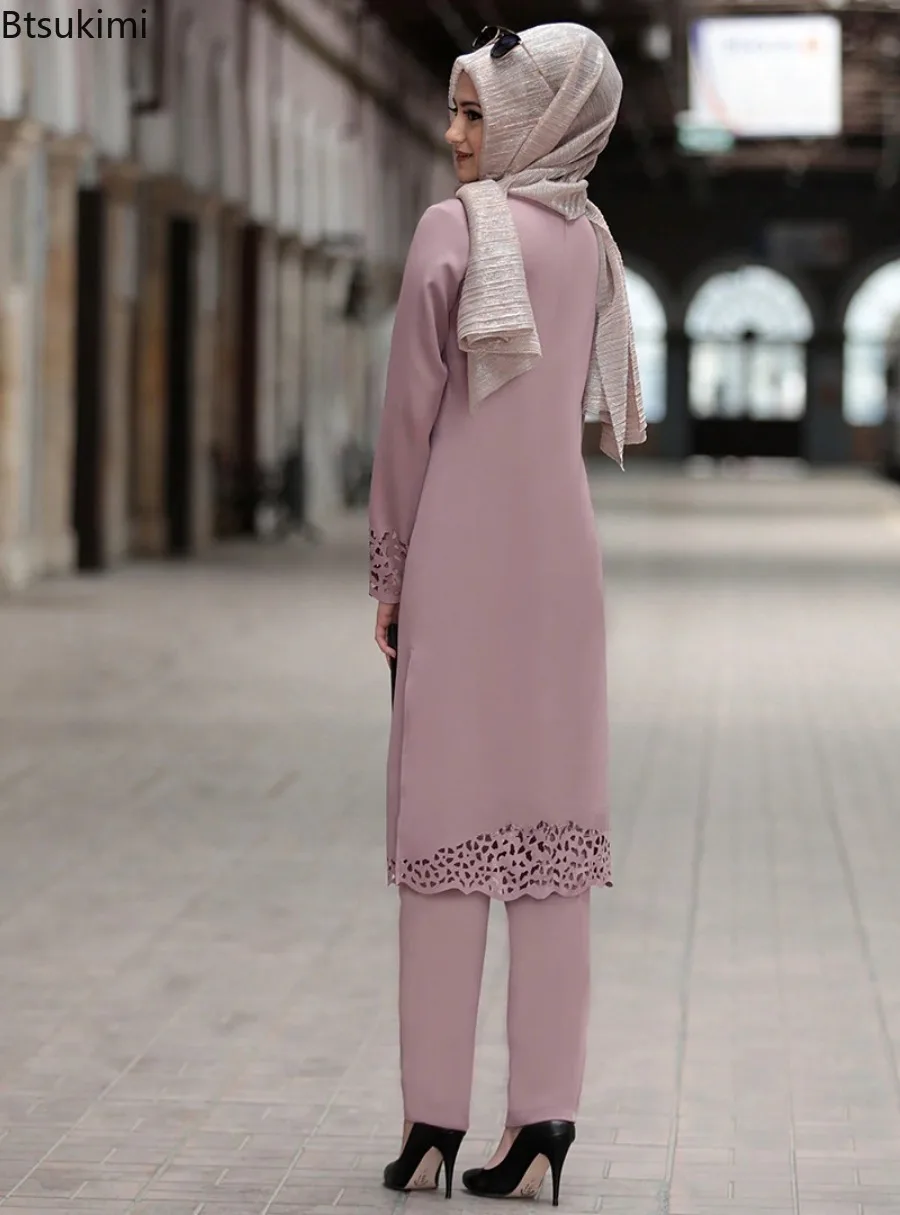 Abaya musulmane pour femmes, ensemble deux pièces ajouré à manches longues et pantalons, vêtements islamiques pour femmes, Kaftan arabe de dubaï, 2026