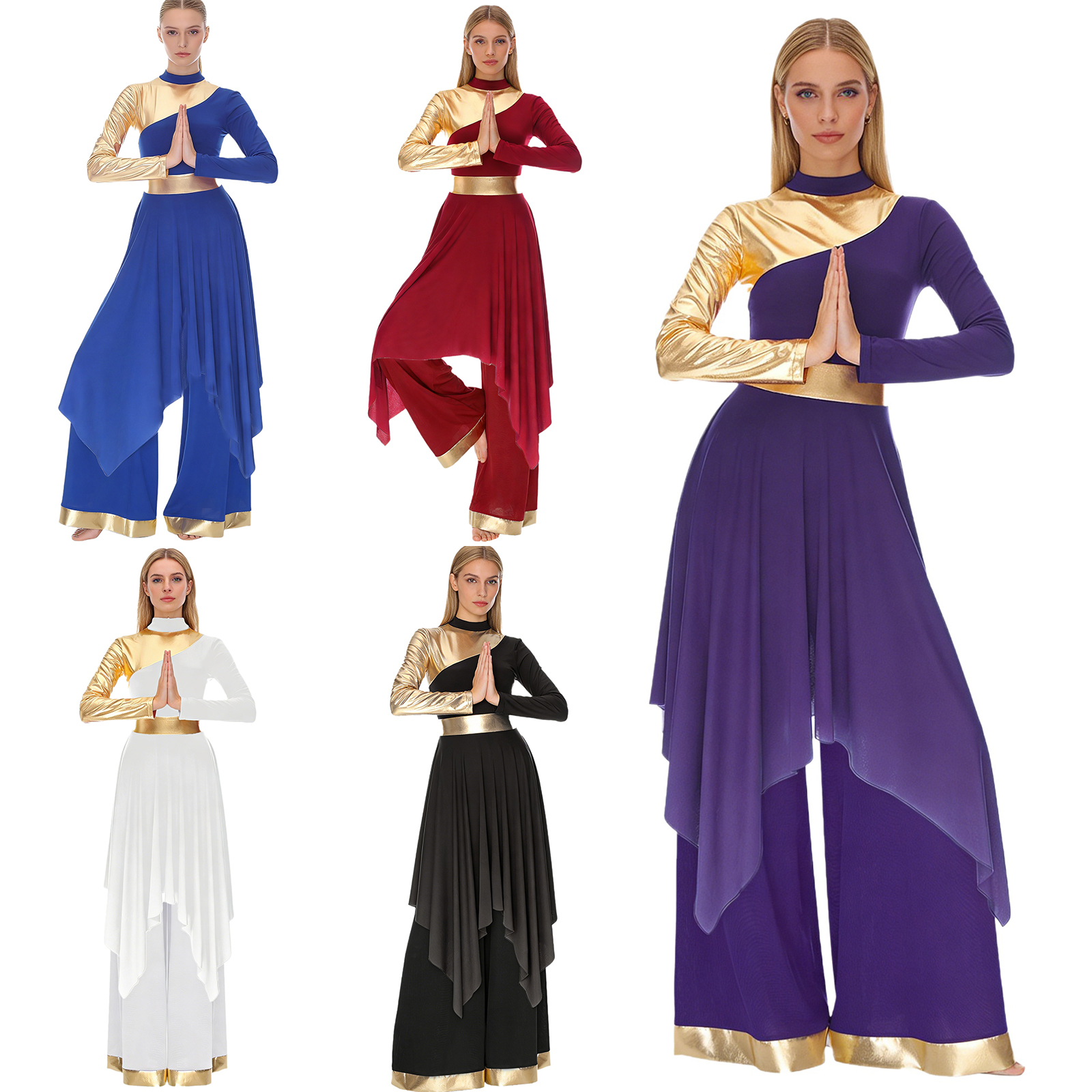 Tenue de louange de culte liturgique pour femmes, robe à manches longues avec pantalon à jambes larges pour la danse lyrique moderne, spectacle de chorale d'église