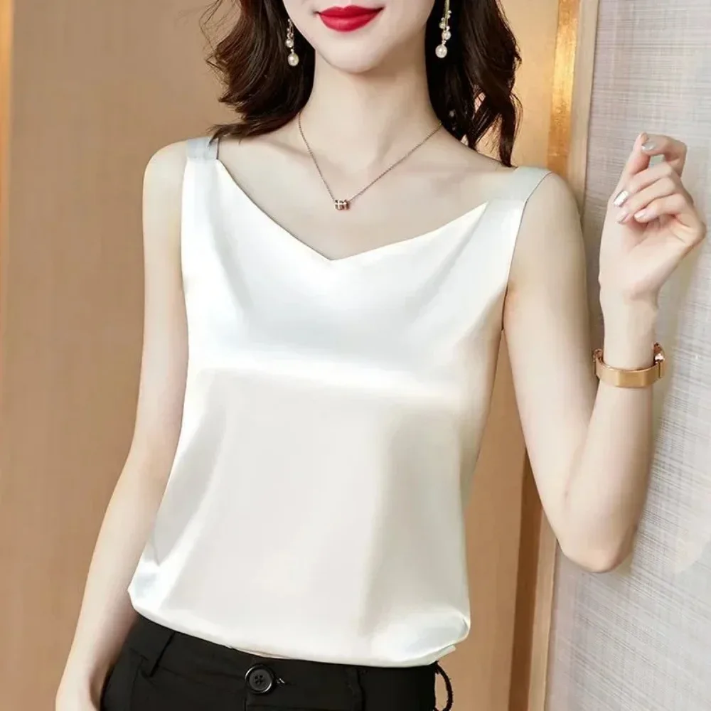 InjWomen-Chemisier Brodé en Satin et Dentelle pour Femme, Haut à Col en V, Imprimé, Style Coréen