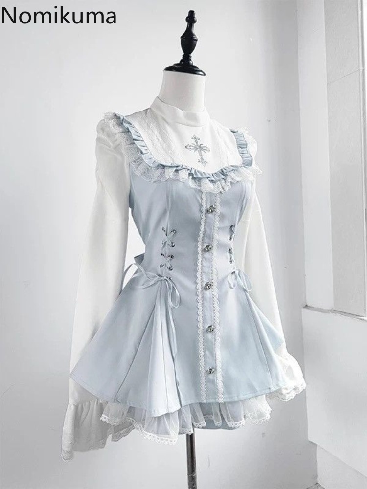 Vêtements pour femmes robe costume deux pièces ensembles Roupas Femme Style Lolita taille mince nœud dentelle robes douces tenues japonais mignon ensemble