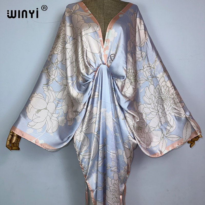 WINYI Nouvelle Robe d'Été à Fente Haute, Sexy et Élégante, Imprimée, pour Femmes, Kaftan Bohème à Manches Longues, Robe de Plage à la Mode pour Dames