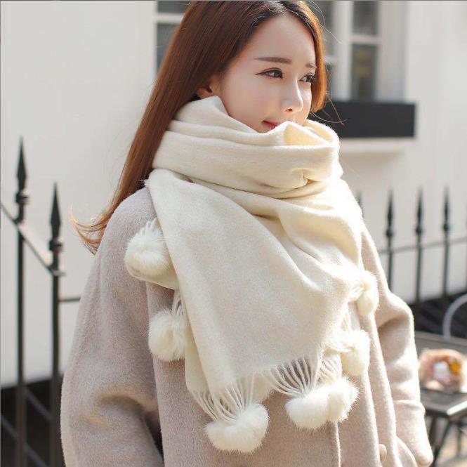 Écharpe châle en cachemire de haute qualité pour femme avec pompon en fourrure de lapin, pashmina surdimensionnée, poncho, hijab, couverture, cachecol pour l'hiver