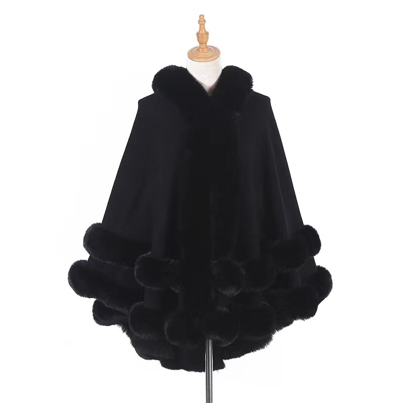 Cape châle extérieure en fausse fourrure de lapin à deux cercles, Poncho Long surdimensionné chaud d'hiver pour femme, pardessus ample avec chapeau