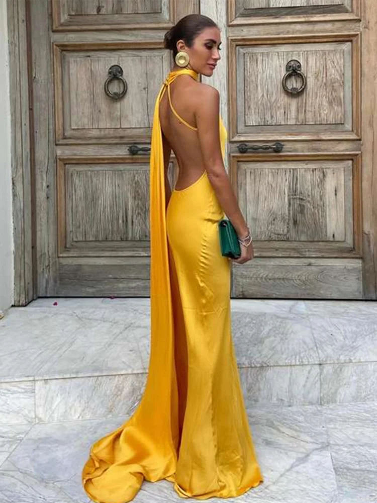 Robe longue dos nu à lacets pour femmes, Maxi, col licou, avec écharpe, couleur unie, sans manches, Slim, élégante, tenue de soirée, nouvelle collection 2024