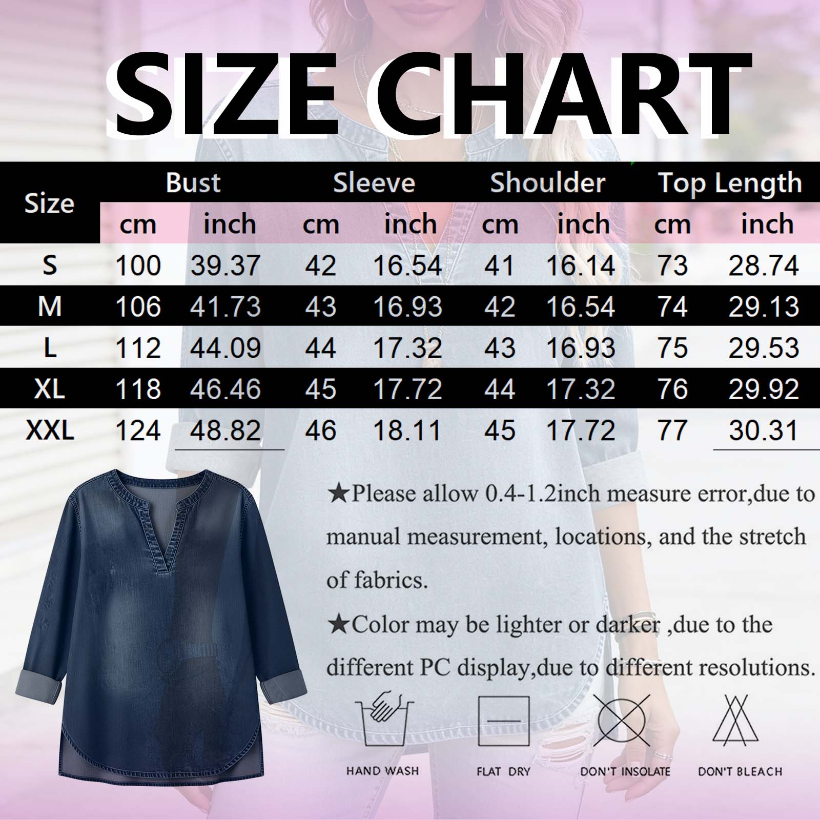 Chemisier en jean tendance pour femme, style vintage délavé, col en V, manches 3/4, hauts décontractés pour le travail, tunique fendue sur le côté, blouses amples pour le bureau