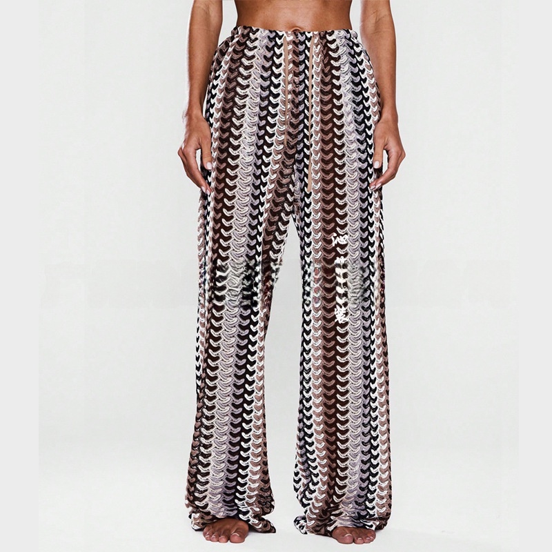 Pantalon de plage coloré à motif tissé ultra long pour femme, style sexy, motif filet, parfait pour les tenues de plage