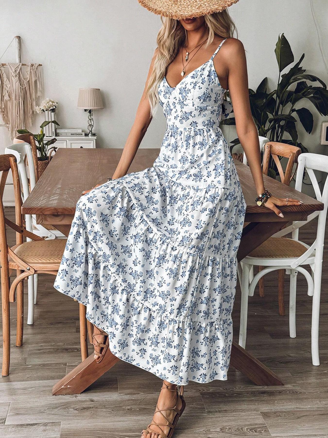 Robe à bretelles imprimé Floral pour femmes, jupe décontractée à bord froncé, adaptée à un usage quotidien décontracté, robe pour dames