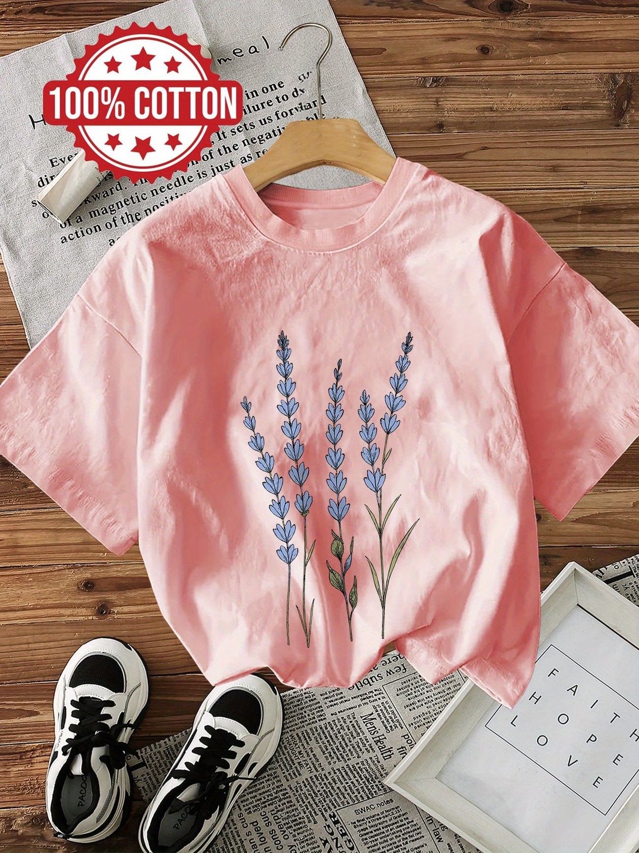 T-shirt décontracté en coton 100% pour femme, imprimé floral, col rond, manches courtes, style vintage, motif floral