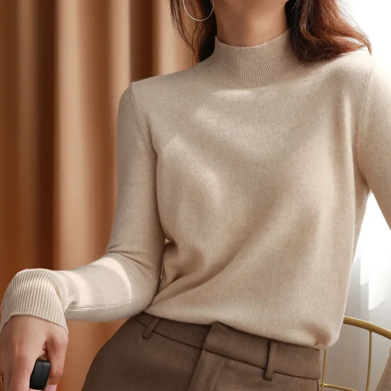 Automne hiver chic bas chandails femmes mode col roulé Pull mince à manches longues tricoté Pulls doux chaud Pull Femme haut