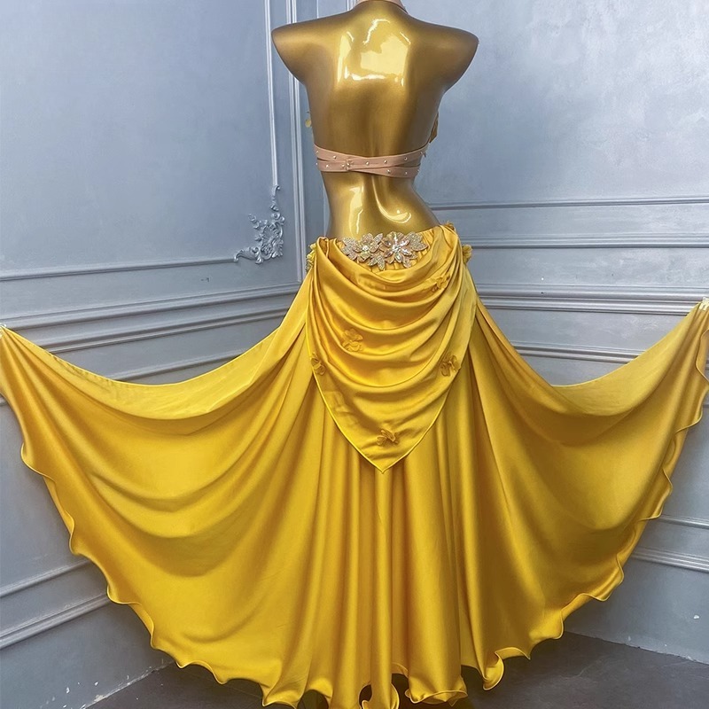 Vêtements de danse du ventre personnalisés, costume de Performance pour femmes, nouvel ensemble de vêtements de danse orientale, robe d'entraînement, vêtements indiens pour femmes, jaune, 2025