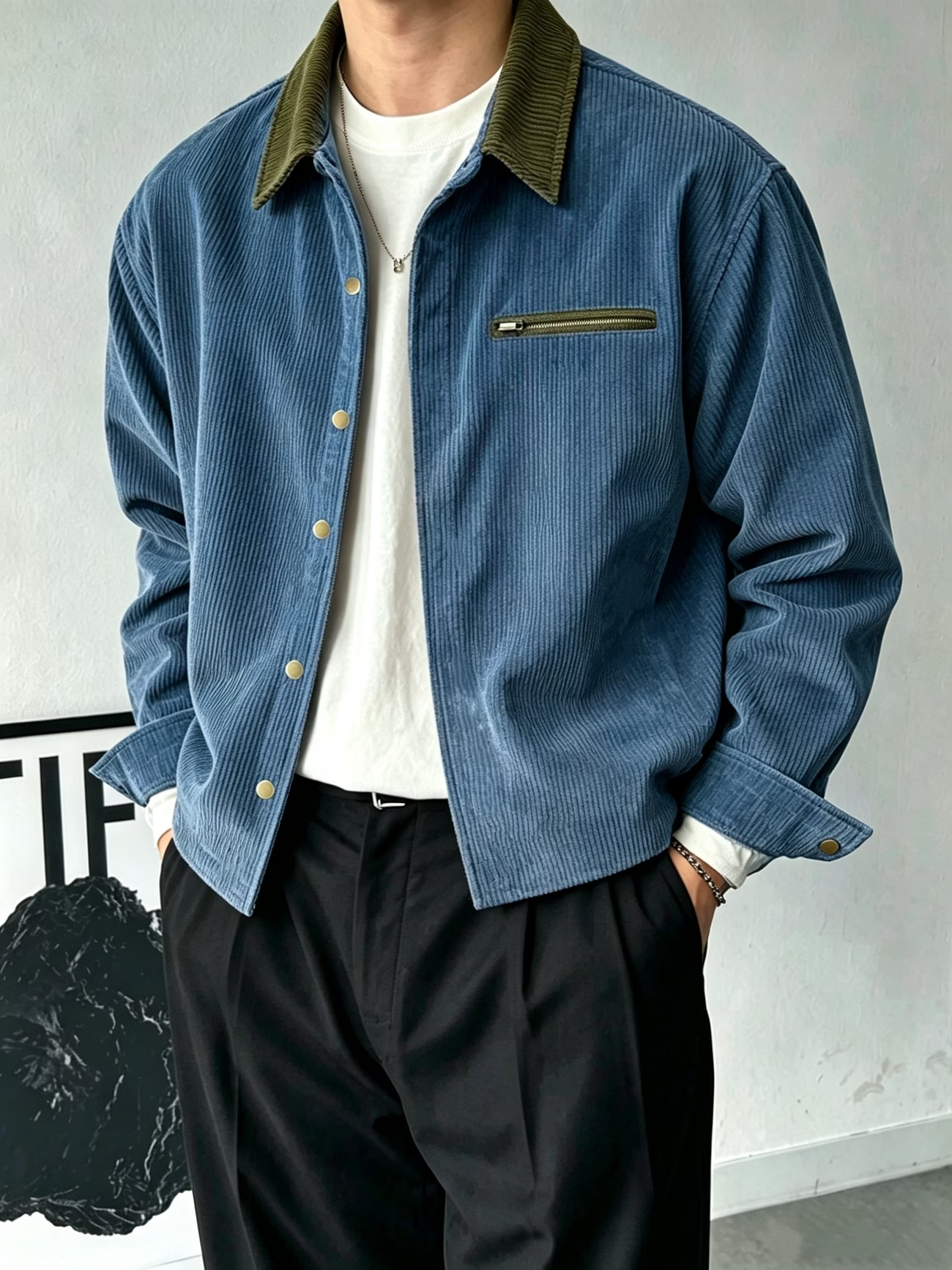 Veste vintage pour homme en velours côtelé, col contrasté, manches longues, coupe ample, poche zippée, vêtement décontracté de style streetwear.