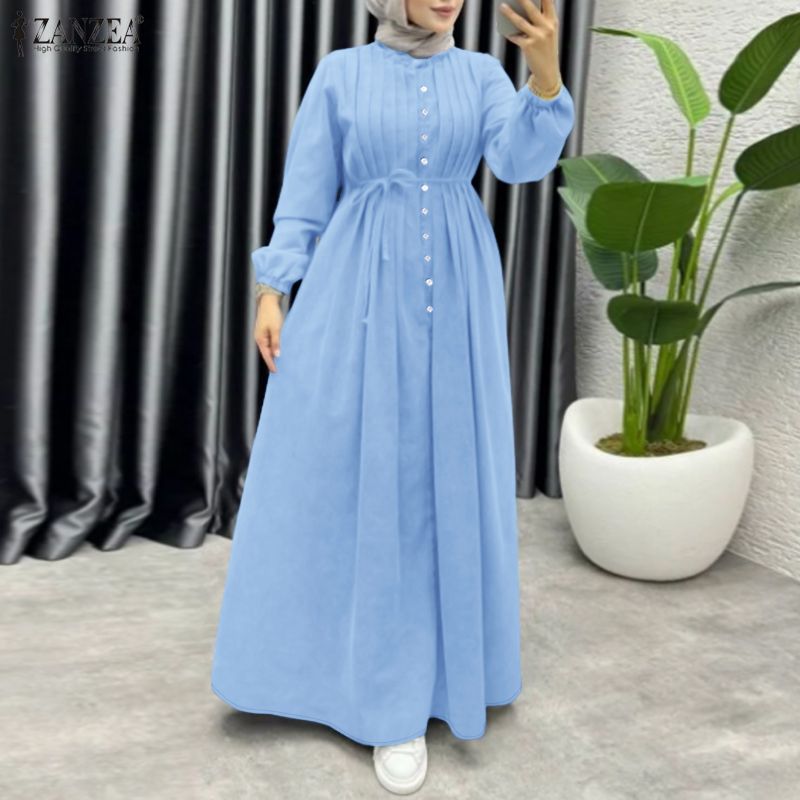Robes longues maxi ZANZEA pour femmes musulmanes, avec détails plissés, col montant, manches longues, ceinture à nouer, abaya islamique modeste