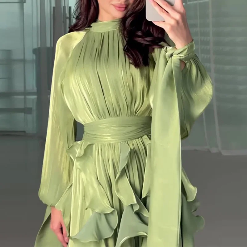 Robes de soirée pour femmes, mode taille haute plissée, décontractée, col haut, couches, robe de Banquet, élégante, manches longues, robe de soirée