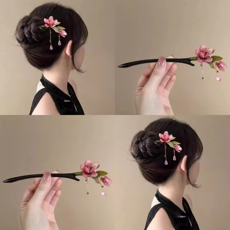 Nouvelle épingle à cheveux style chinois avec pompon, style ancien, faite à la main, motif fleur de lotus, pour femme