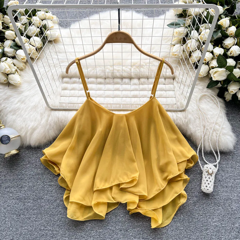 Débardeur et Camis sans manches à bretelles Spaghetti, à volants, mode coréenne, Corset, haut court, débardeur solide, vêtements d'été pour femmes, Y2k