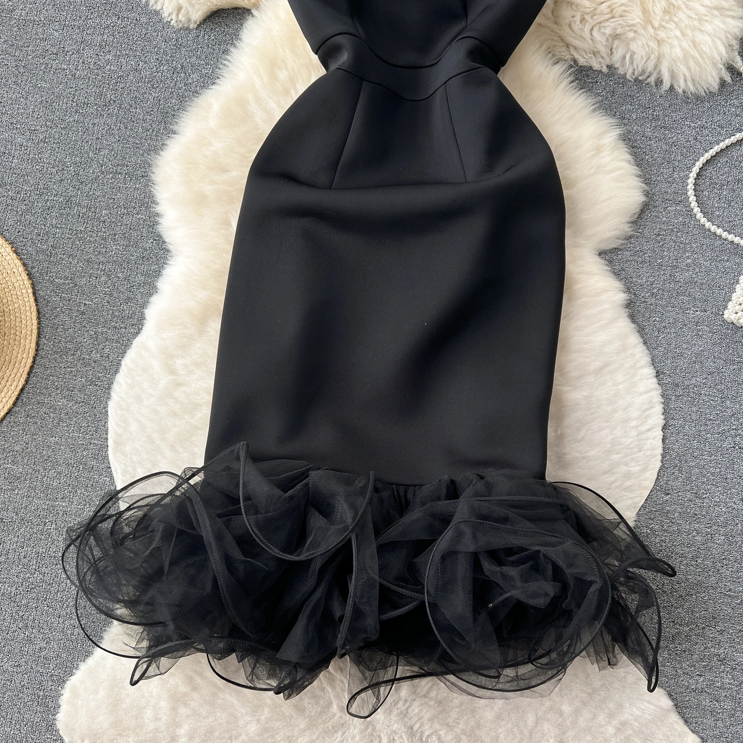 Robe de soirée en maille patchwork pour femmes, robes noires à volants pour femmes, gaine taille haute, robe sexy pour dames, nœud éducatif, livraison directe