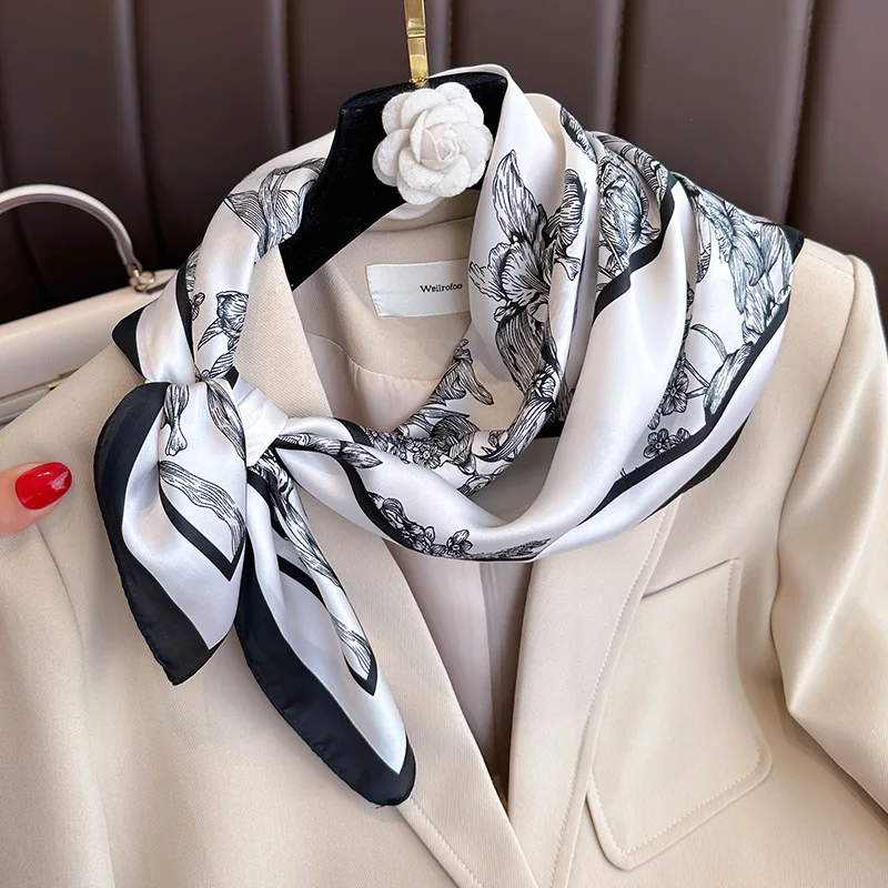 Foulard Carré à Imprimé Floral de Luxe pour Femme, 70x70cm, Bandeau de Cheveux, Ruban de Tête, Hijab, Bandeau de Sauna, Satin Doux