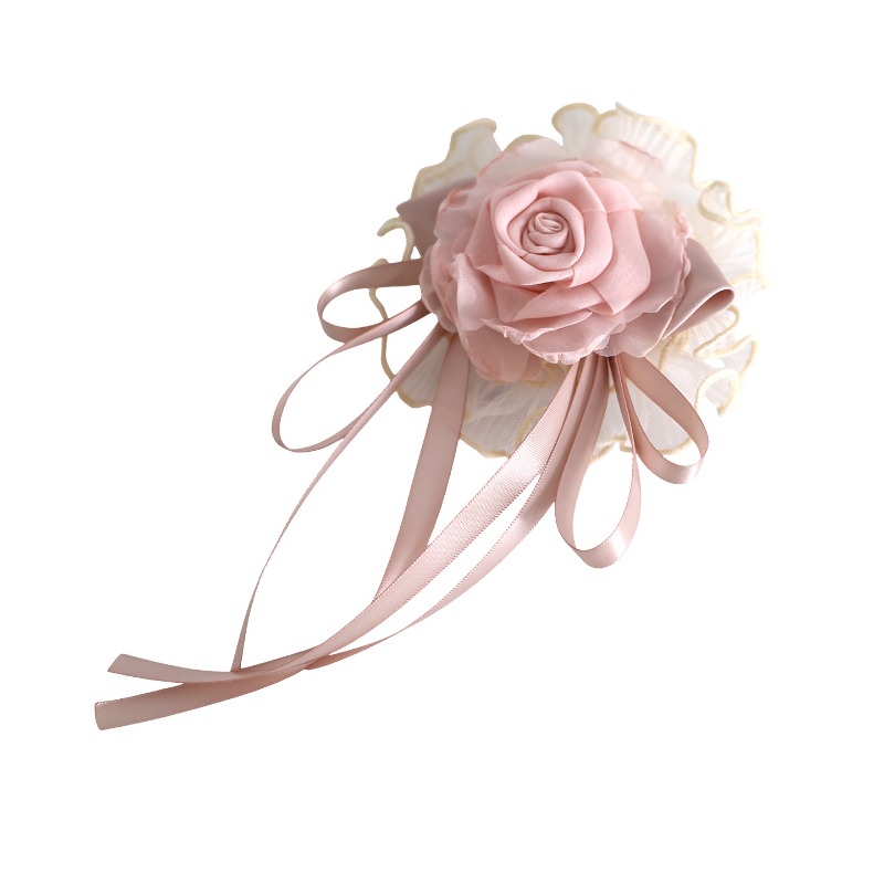 Accessoires capillaires Lolita faits main Original Light Shadow : Pince à cheveux, Boule de fleurs colorée, Nœud, Voile de cheveux en dentelle couleur champagne