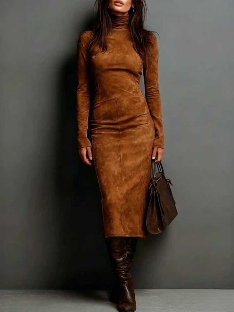 Robe pour femme élégante et ajustée, style rétro américain, manches longues, col roulé, en daim, vintage, unie, automne-printemps, longueur midi
