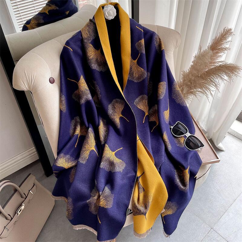 Couverture en cachemire épais bleu pour femme, écharpe chaude, Pashmina, châle, enveloppes d'hiver, Bufanda, imprimé feuilles, nouveau Design, Poncho