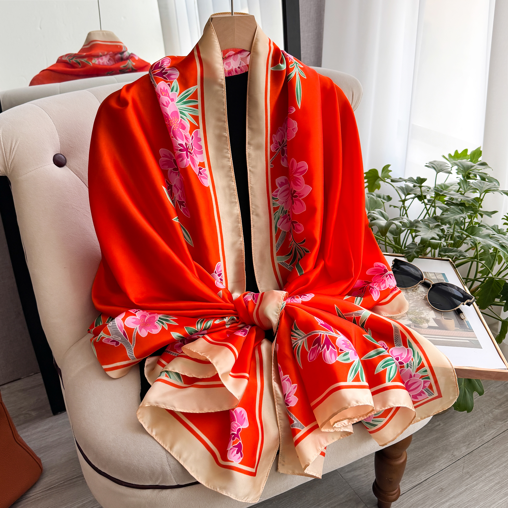 Écharpe en soie classique 180x90cm pour femme, grand format, imprimé tendance, châle de bureau, hijab, écharpe de plage, bandana, foulard, paréo