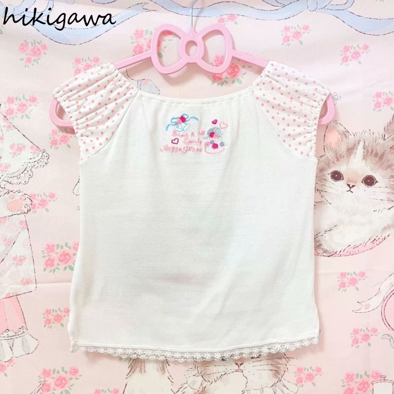 Été femme T-shirt mignon Y2k culture hauts 2025 Ropa Mujer japonais doux Camisetas à pois broderie décontracté mode t-shirts