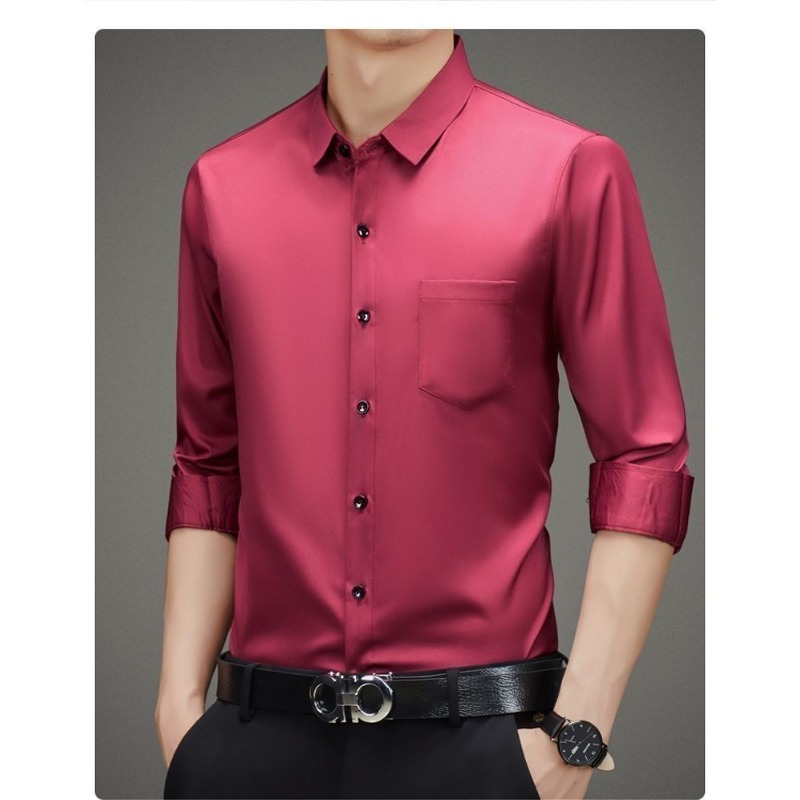 Chemise en soie de mûrier pour hommes, haute qualité, manches longues, poches, haut de gamme, Business, décontracté, élastique, Anti-rides, sans repassage