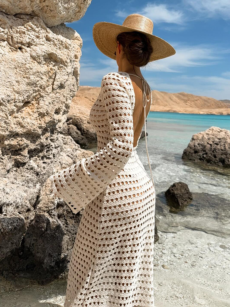 Robe longue maxi sexy en maille tricotée dos nu à manches cloche pour femme, tenue d'été ajustée, tunique de plage, cache-maillot de bain K205 2026