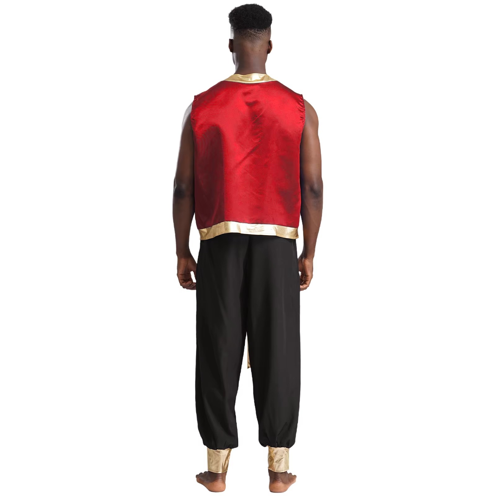 Costume de cosplay de prince arabe pour homme, tenue d'Halloween, veste ouverte sur le devant avec garniture métallique brillante et pantalon long à ceinture