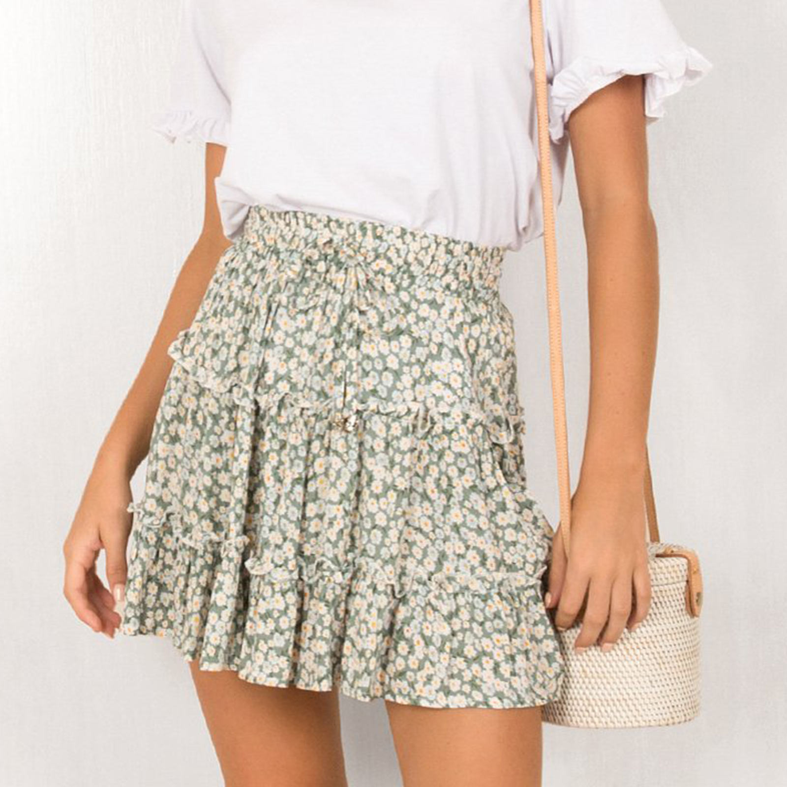 Jupe florale à volants taille haute pour femme, jupe trapèze imprimée, bas chic pour femme, décontracté, quotidien, streetwear, vacances, plage
