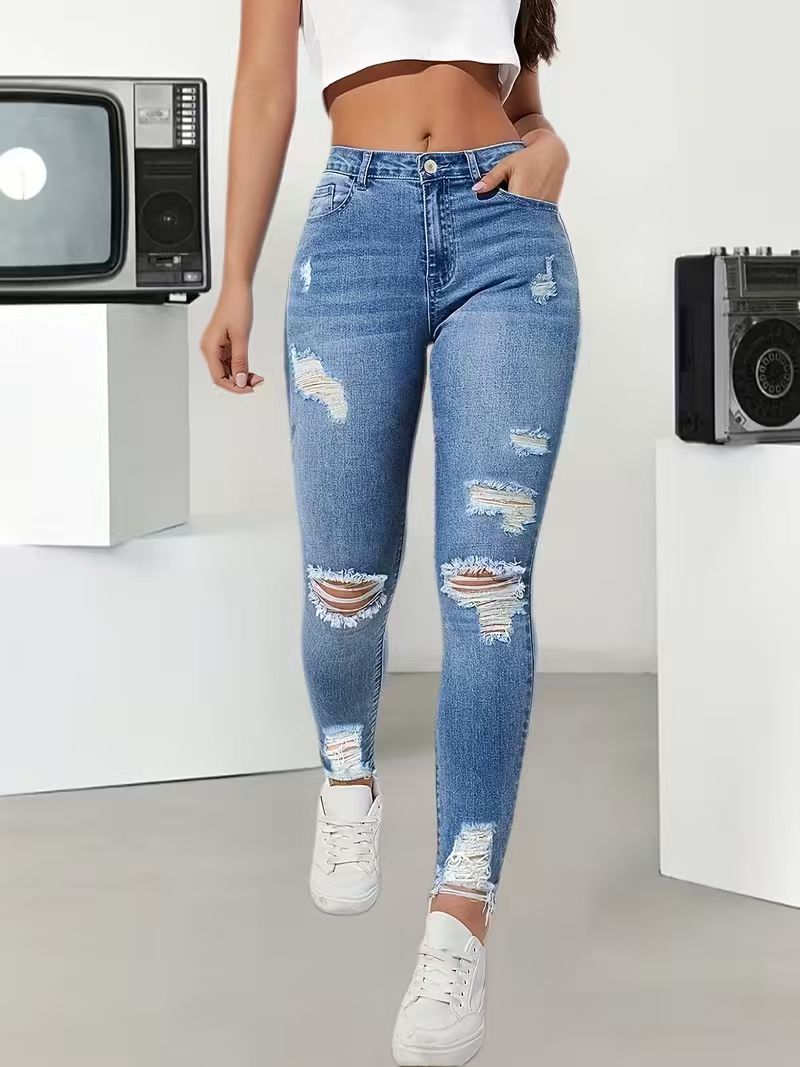 Jeans et pantalons pour femmes, taille haute, déchirés, extensibles, coupe slim, longueur cheville, style européen tendance, confortables