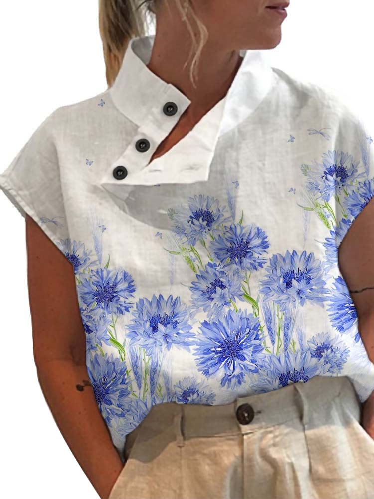 Été Chic Blouse haut pour femme mode imprimé fleuri à manches courtes chemise femme boutons décontractés col montant haut ample Blusas