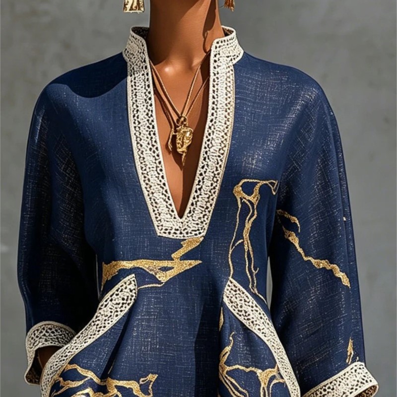 Robe courte bohème à imprimé abstrait pour femme, col en V évidé, manches 3/4, tunique ample, robe de vacances avec poches
