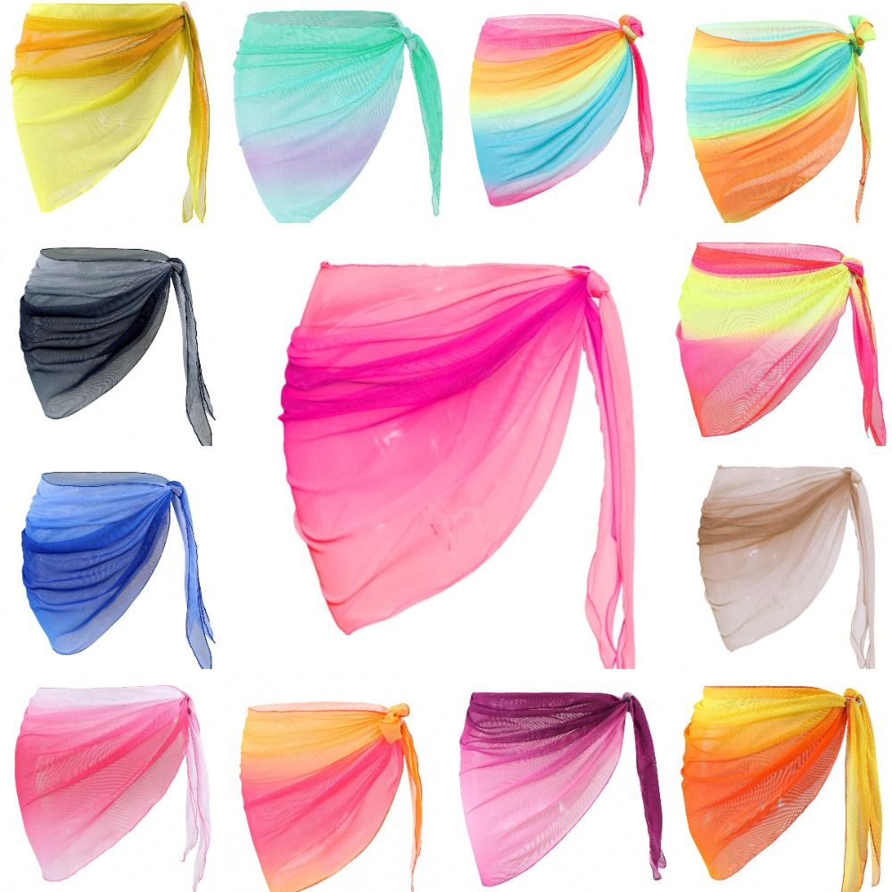 Robe de plage en mousseline de soie, longueur courte, tissu transparent, sarong respirant à séchage rapide, couleur dégradée, paréo de bikini