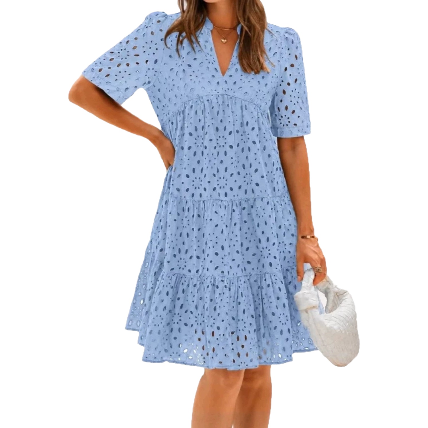 Robe de plage en coton pur brodée à col en V pour femme, robe midi d'été confortable à taille ample, style décontracté pour les voyages