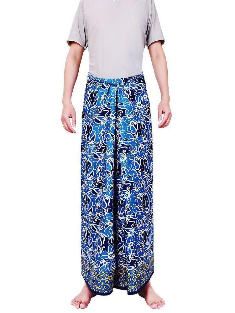 Sarong unisexe Longyi Lungi Batik, jupe portefeuille à imprimé floral d'Asie du Sud-Est, pour l'été, la plage, les vacances décontractées, bleu sarcelle avec bordure dorée, style thaïlandais.
