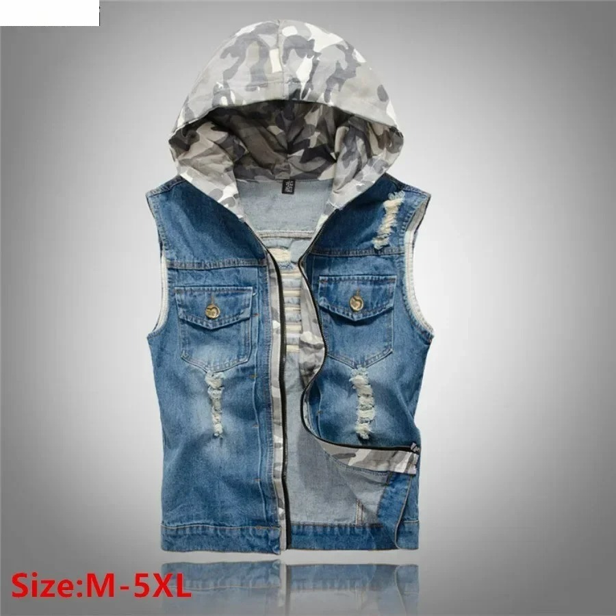 Nouveaux hommes Style coréen gilet mode mince Camouflage gilet à capuche Sport décontracté Denim gilet sans manches vestes pour hommes 5XL