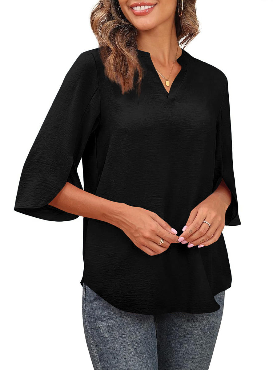 Chemisier chic noir pour femme à manches 3/4, col en V, manches cloche fendues, coupe ample et décontractée, texturé, élégant pour le travail ou le quotidien