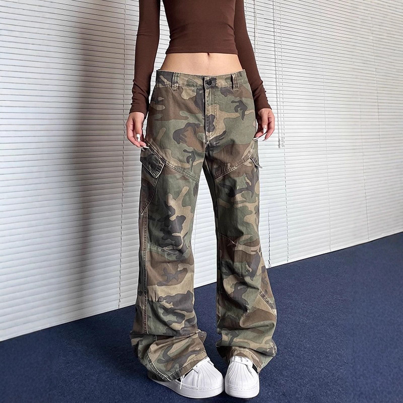 Pantalon Cargo Camouflage Rétro Unisexe, Coupe Ample Droite à Jambes Larges avec Poches Obliques, Style Urbain Décontracté, Idéal pour le Quotidien