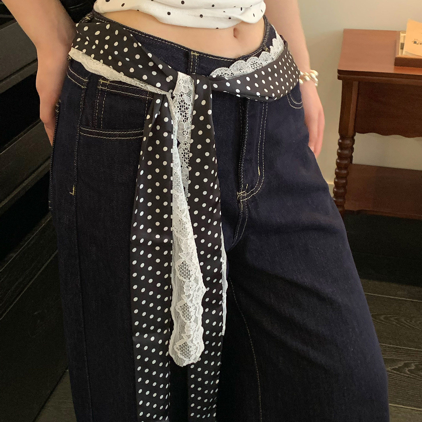 1 pièce Ceinture de taille rétro en soie à pois avec dentelle, accessoire décoratif pour femme, à superposer, pour jeans et jupes, mode quotidienne