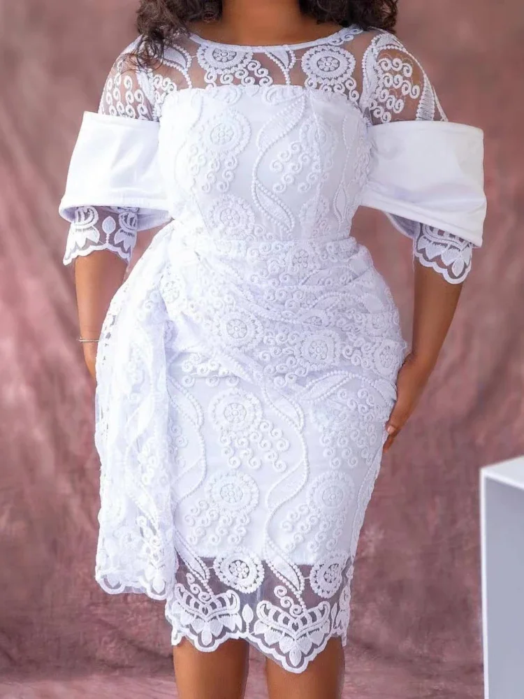 Robe mi-longue brodée à col rond pour femmes, robes vintage en dentelle blanche, tunique GT Hip, rétro, élégante, fête de vacances, mariage, quoi que ce soit