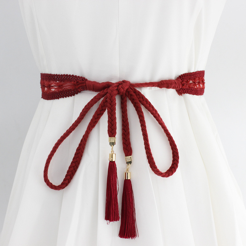 Corde de taille nouée pour femmes, ceinture en dentelle à franges tressées coréennes pour robes, cordon décoratif bohème avec glands, 2024