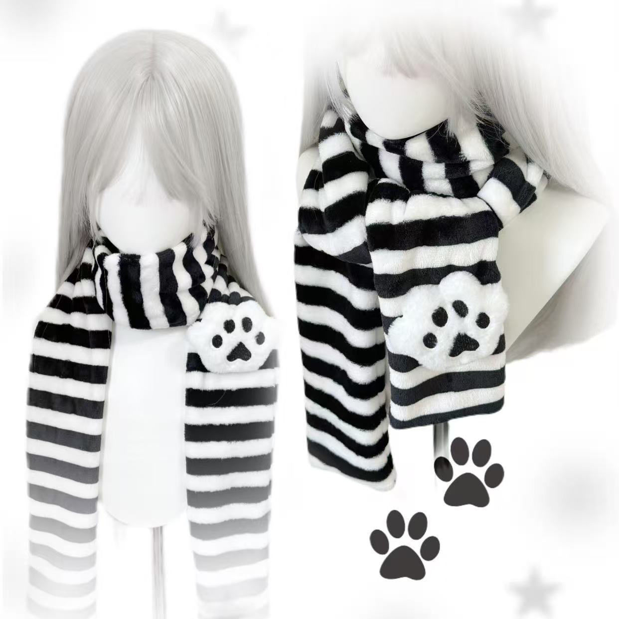 Écharpe pour femmes, bleu rose, à la mode, drôle, style Anime, pour filles, automne et hiver, mignonnes pattes de chat Kawaii, écharpe rayée japonaise polyvalente