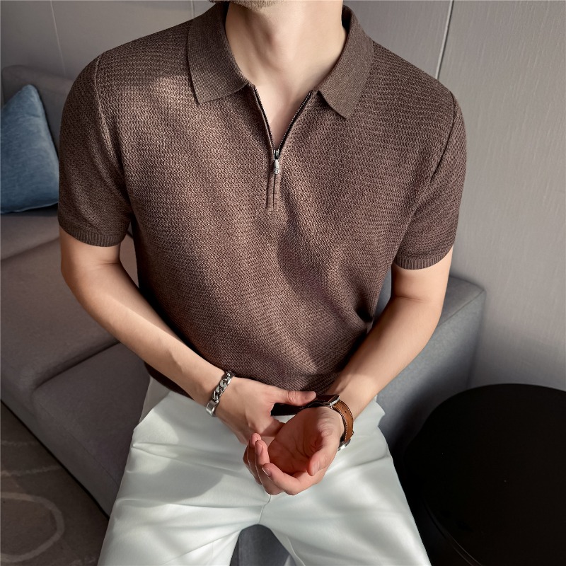 Polo d'été fin à manches courtes, demi-zip, couleur unie, coupe ample, décontracté, haut extensible et respirant, T-shirt tendance pour homme