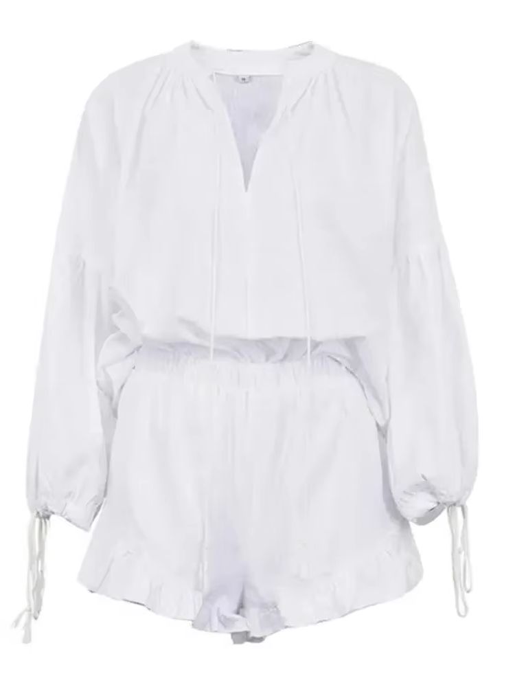 Ensemble pantalon court en coton et lin pour femmes, pull décontracté à manches longues avec Short, ample, Streetwear Y2k, tenue 2 pièces assortie