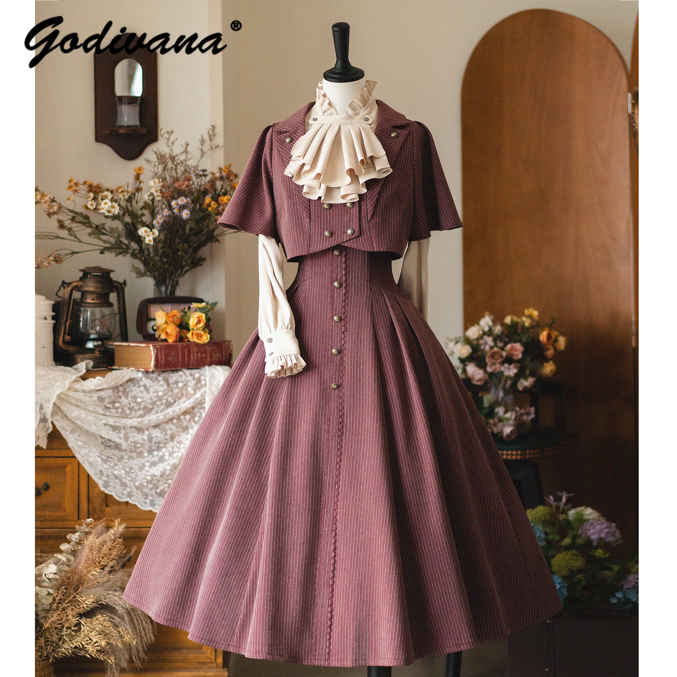 Ensemble jupe rétro Original pour femmes, nouvelle collection printemps, col montant, chemise à manches longues, petit manteau Cape, jupe longue classique élégante