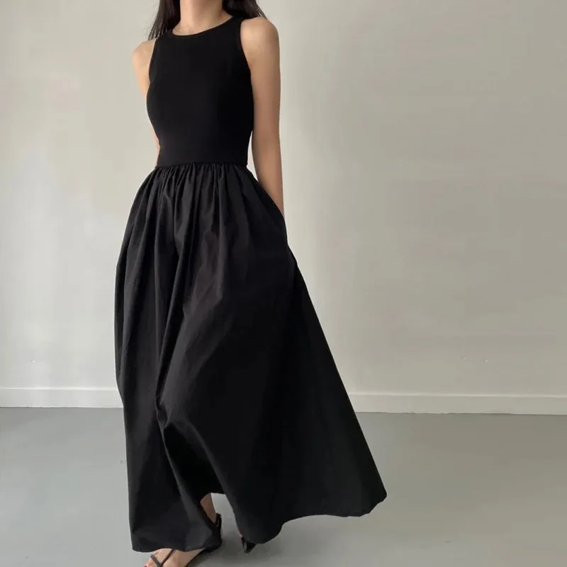 Robe Longue Noire Élégante et Simple pour Femme, Tenue à Col Rond, Taille Haute, Nouvelle Collection Été
