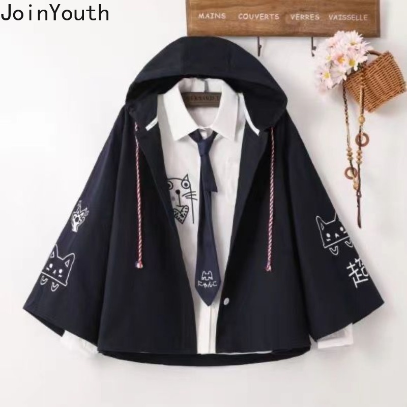 Vestes japonaises pour femmes, Streetwear, imprimé chat, capuche, fermeture éclair, vêtements d'extérieur surdimensionnés, mode décontractée, manteaux mignons Y2k, 2025 Ropa Mujer
