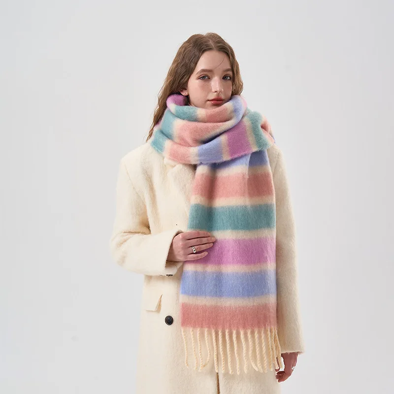 Écharpe à pampilles en cachemire rayé arc-en-ciel coloré, Mohair, Kawaii, Chaud, Épais, Accessoires de mode, Bandeau de la présidence du couple, Hiver